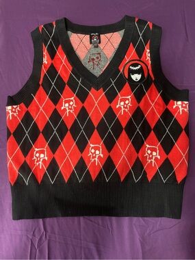 Dolls Kill Red and Black Argyle Skull Sweater Vest